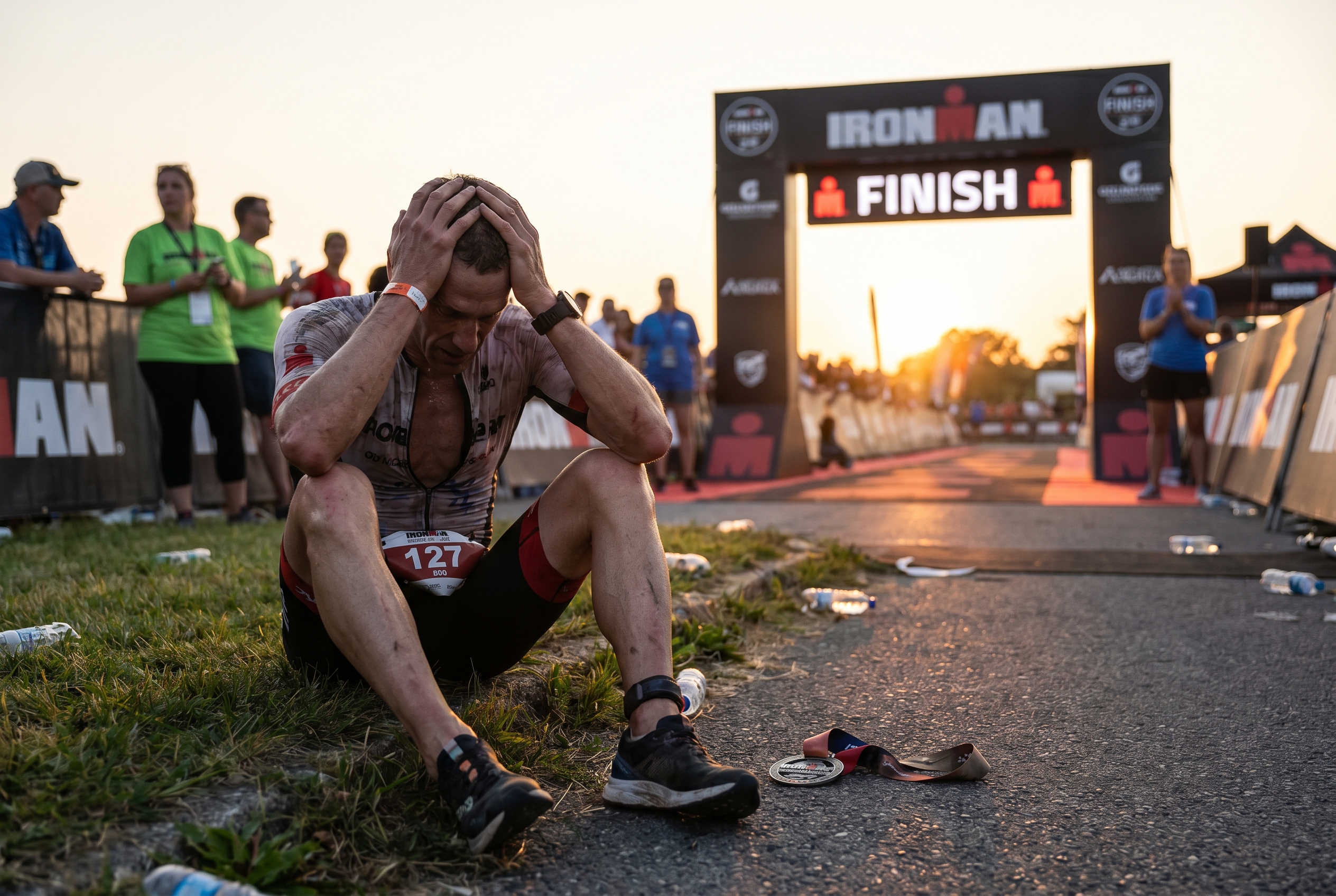Exhausted triathlete sitting at the IRONMAN finish line