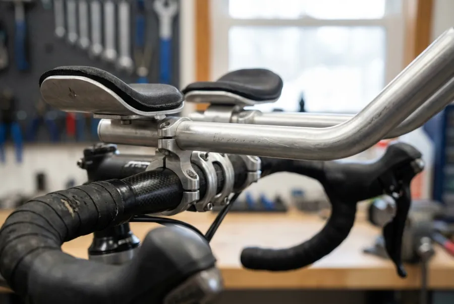 Close-up of clip-on aerobars attached to a road bike handlebar during a triathlon