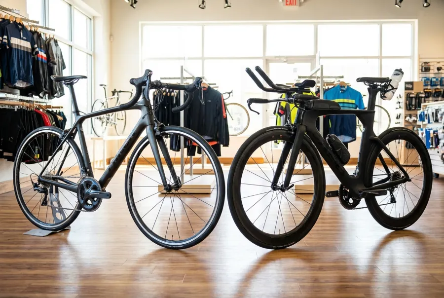 Road bike and TT triathlon bike side by side in a cycling shop