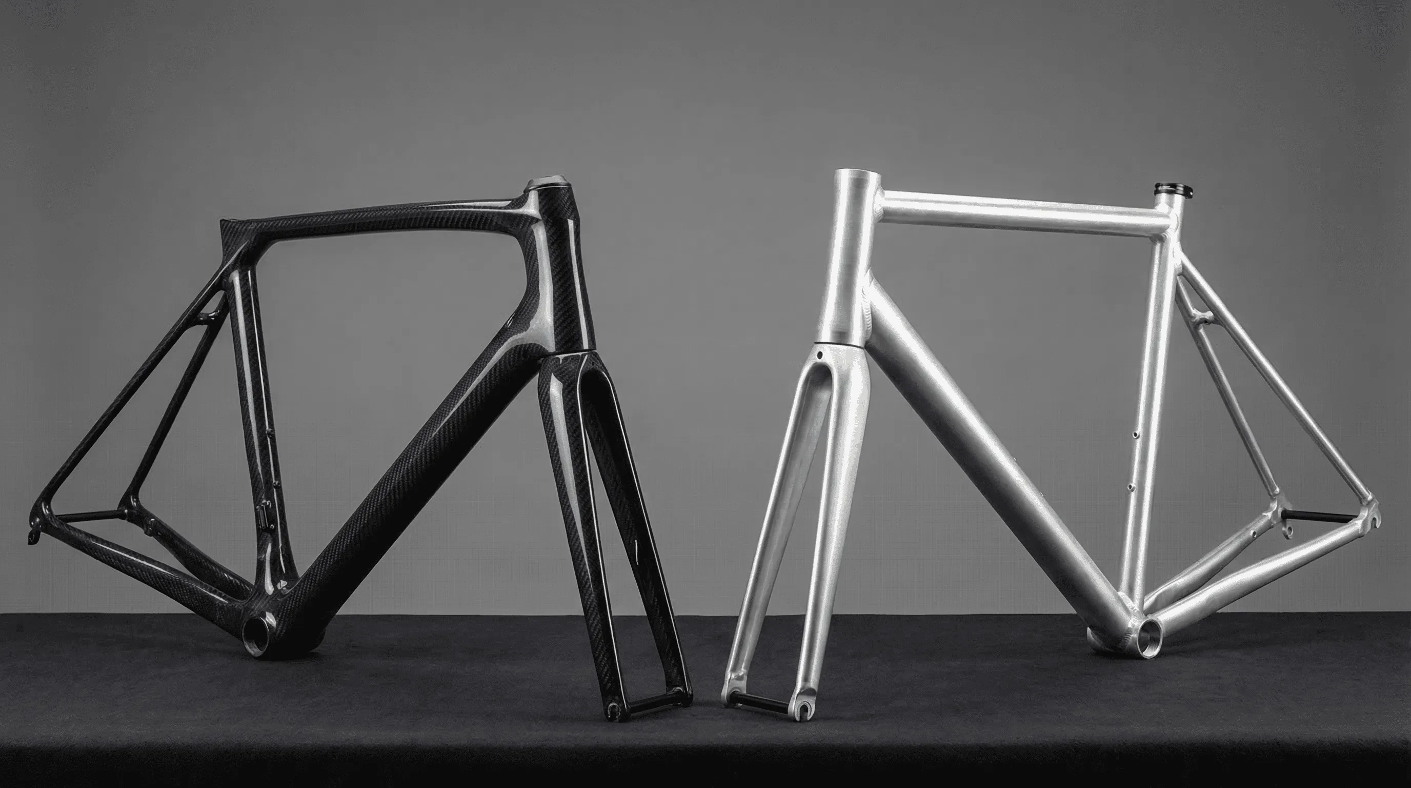 Studio comparison of carbon fiber versus aluminum bicycle frames showing material texture and construction differences