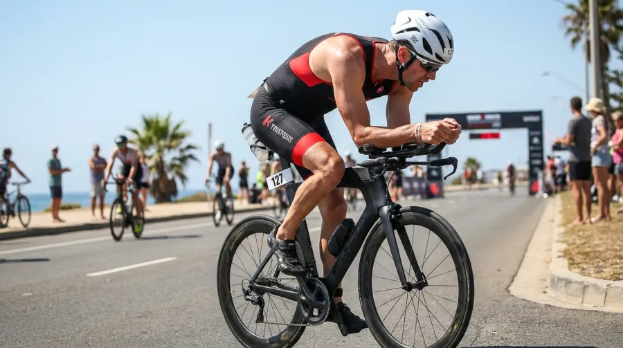 Triathlete in full aero position on TT bike during Ironman race