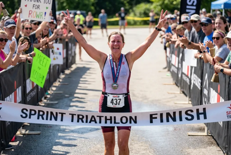 First-time triathlete crossing the finish line with arms raised in triumph and a huge smile