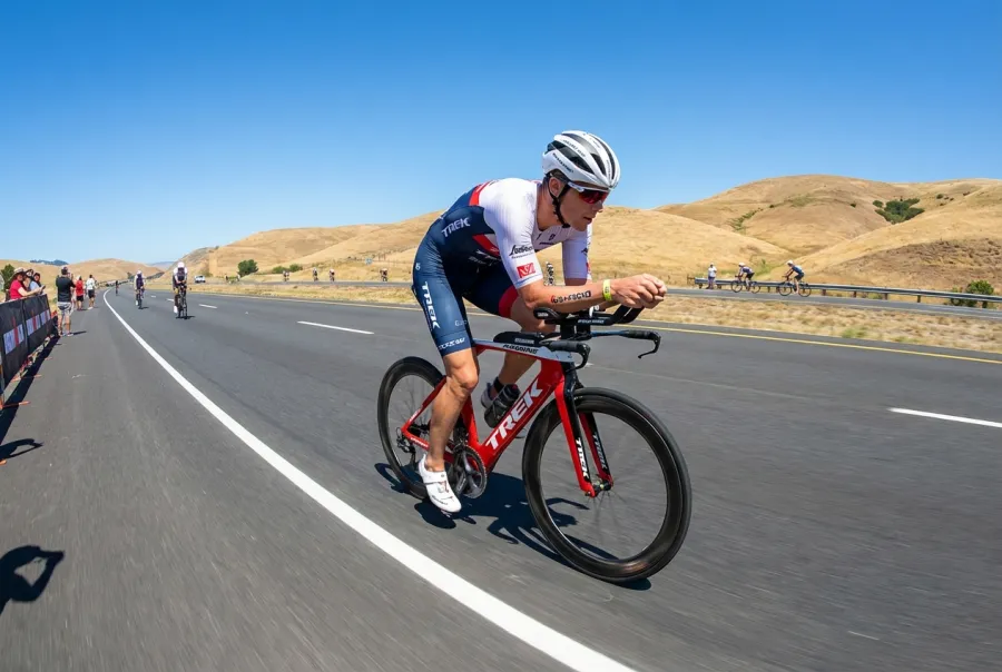 Triathlete on a Trek road bike with clip-on aerobars riding on a smooth open highway during a triathlon