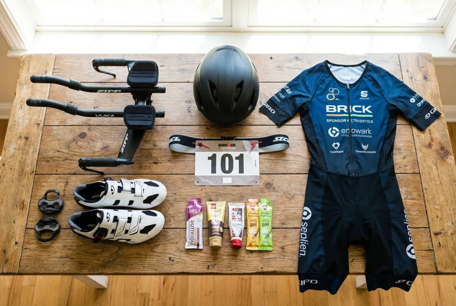 Triathlon gear laid out flat including aerobars, helmet, nutrition, race belt, and cycling shoes on a table