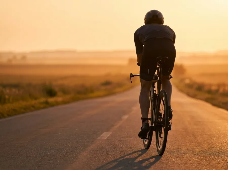 Triathlete on an easy ride during taper week, relaxed effort on a sunny morning road