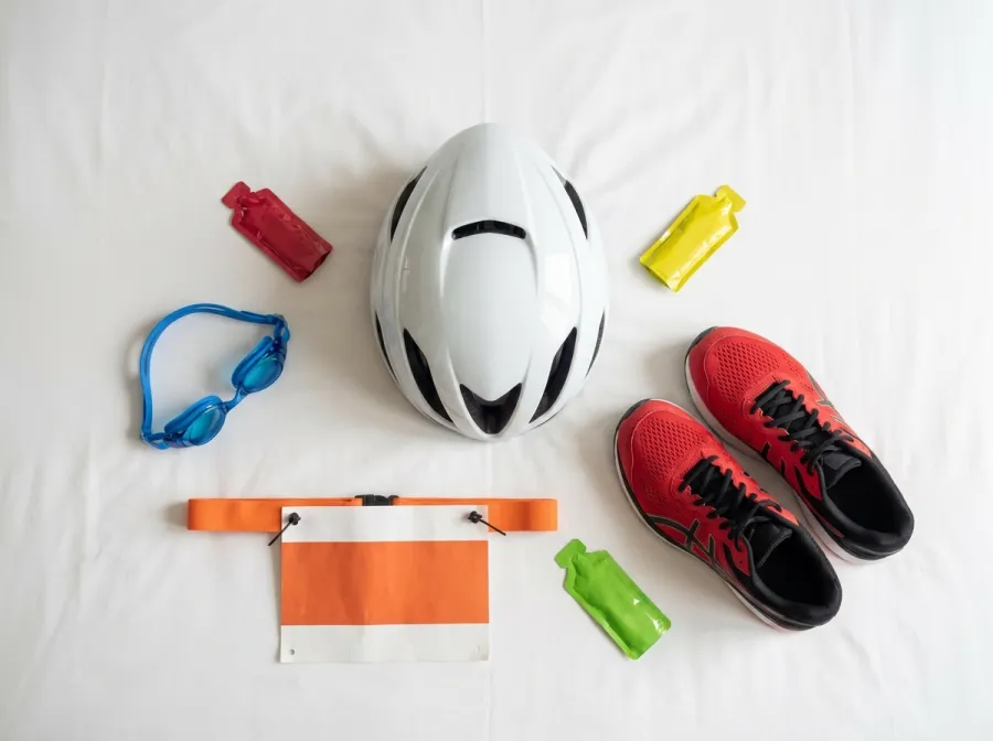 Triathlete race day gear laid out neatly — helmet, goggles, race belt, shoes, and nutrition