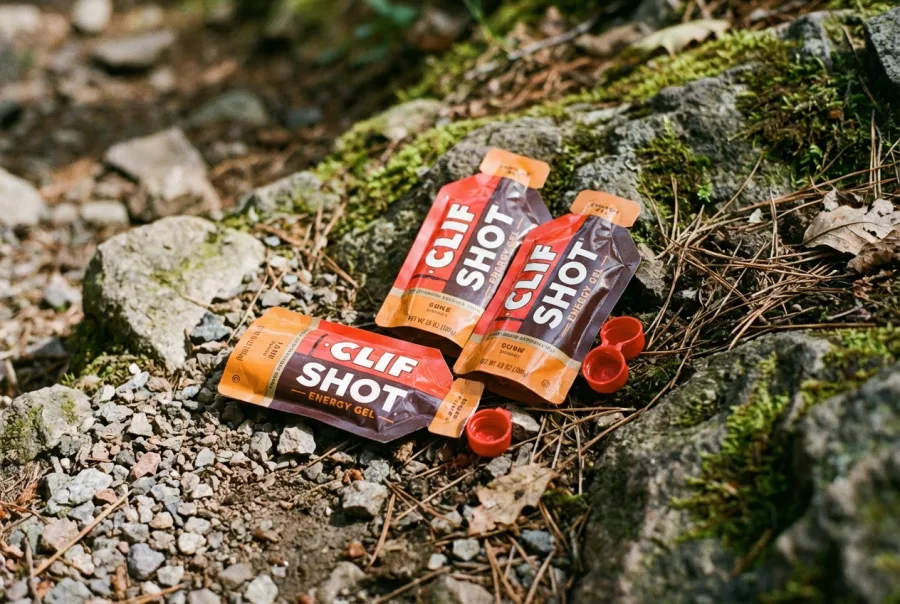 Clif Shot Energy Gel packets on outdoor trail — photorealistic product shot