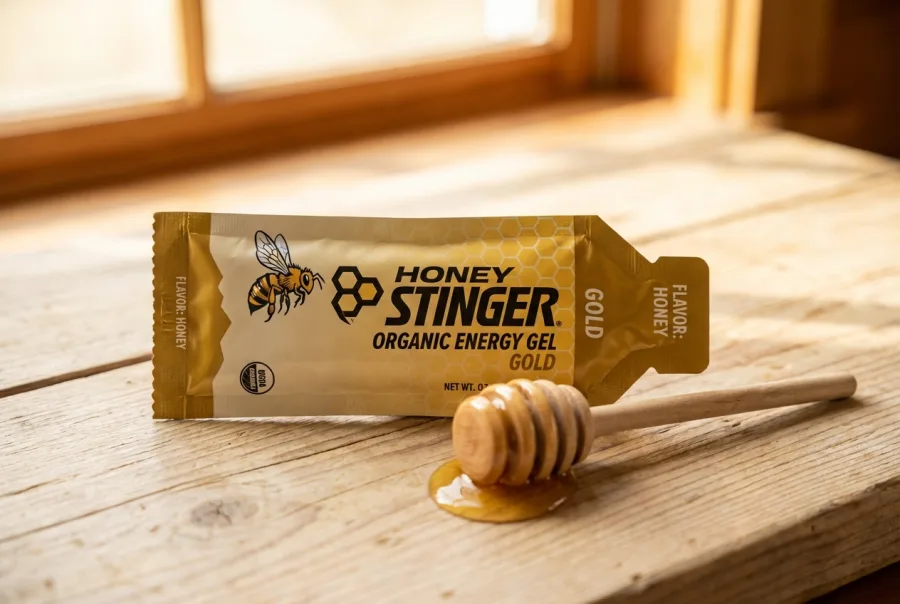 Honey Stinger Energy Gel packet with honey dipper — warm product photography