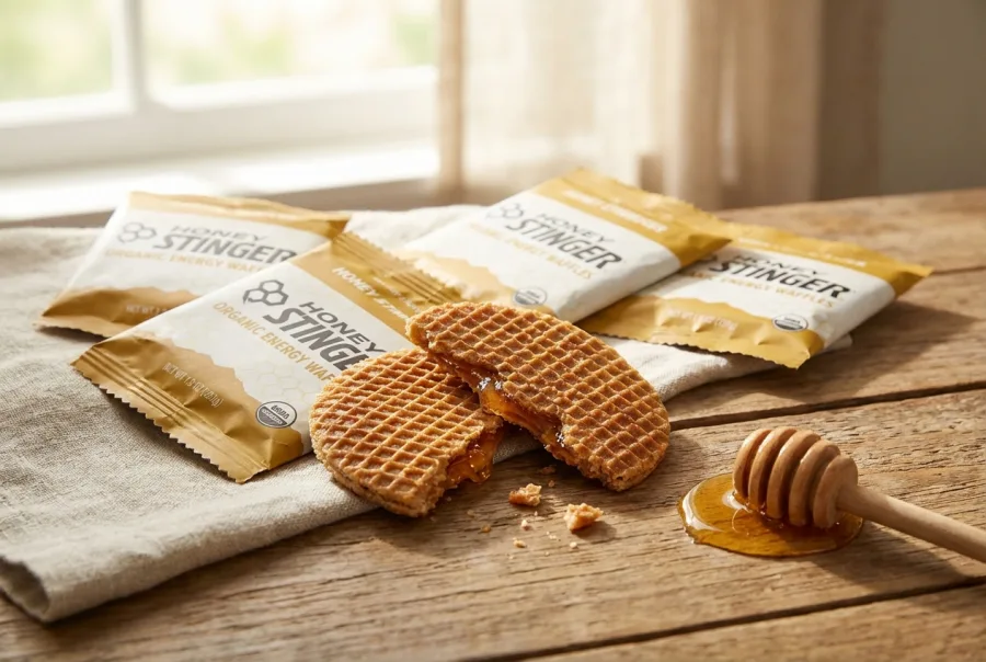 Honey Stinger Organic Energy Waffle unwrapped showing honey filling on wood surface