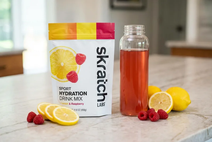Skratch Labs Sport Hydration Mix bag with water bottle and fresh fruit