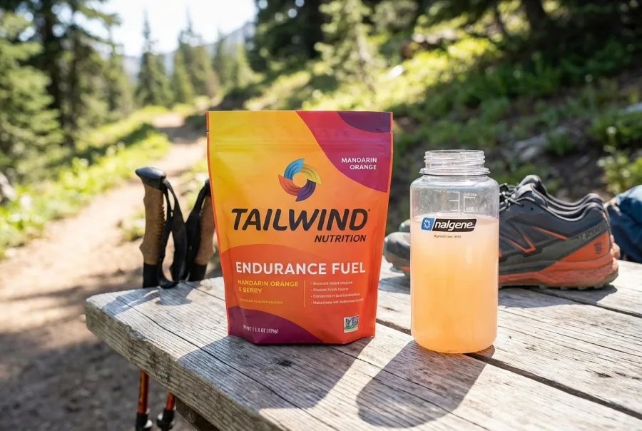 Tailwind Nutrition Endurance Fuel bag next to water bottle — product photography