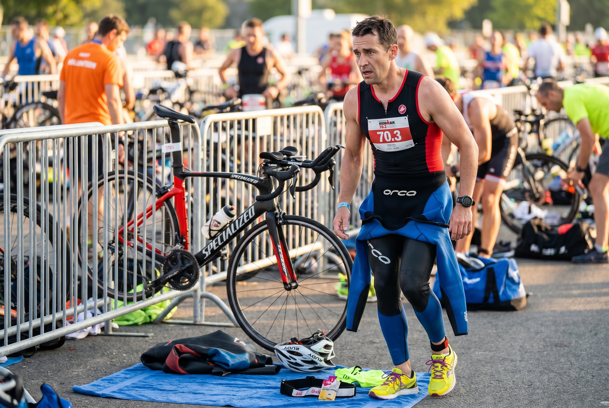 Triathlete in transition zone with 70.3 race gear laid out