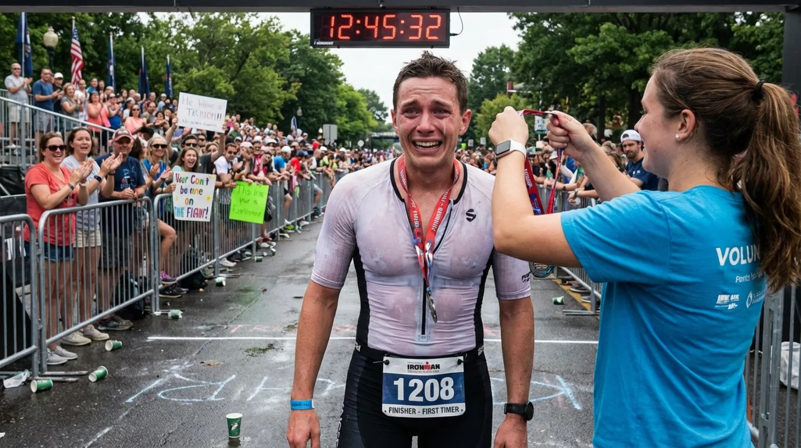 First-time triathlete crossing the finish line with expression of joy and disbelief
