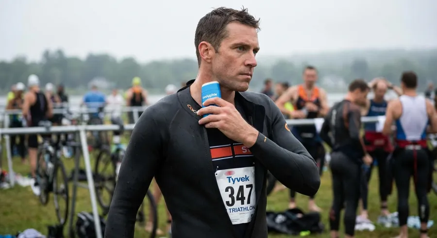 Athlete applying anti-chafe balm before triathlon race