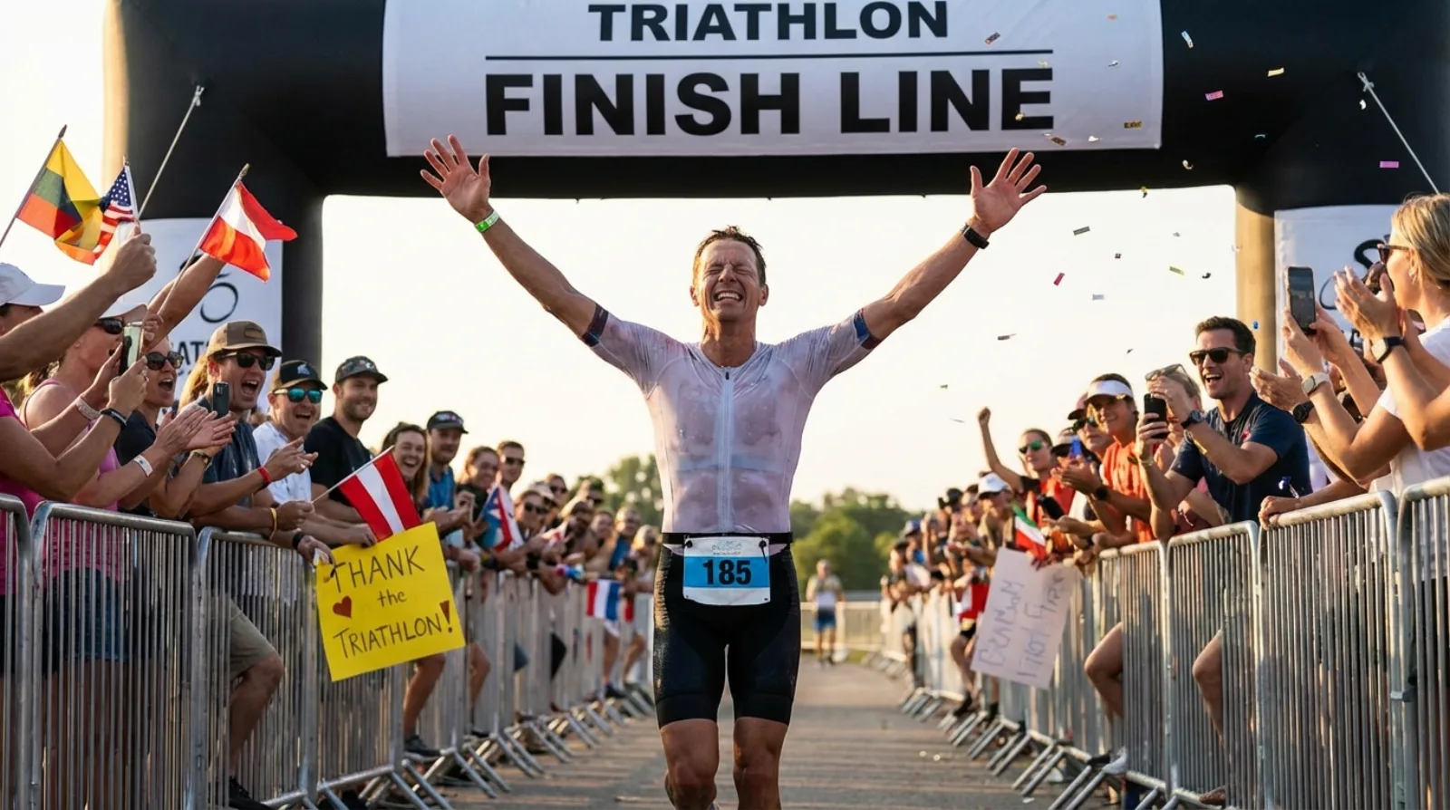 Triathlete crossing finish line at their first triathlon