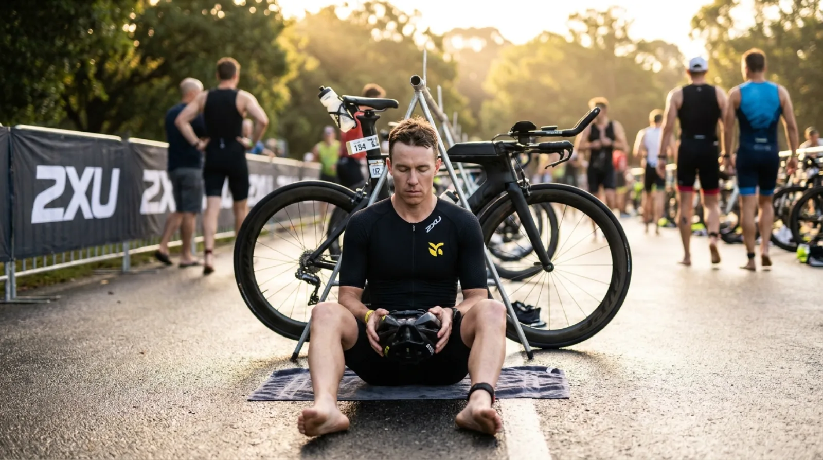 Triathlete sitting in transition zone with eyes closed in mental focus and pre-race visualization