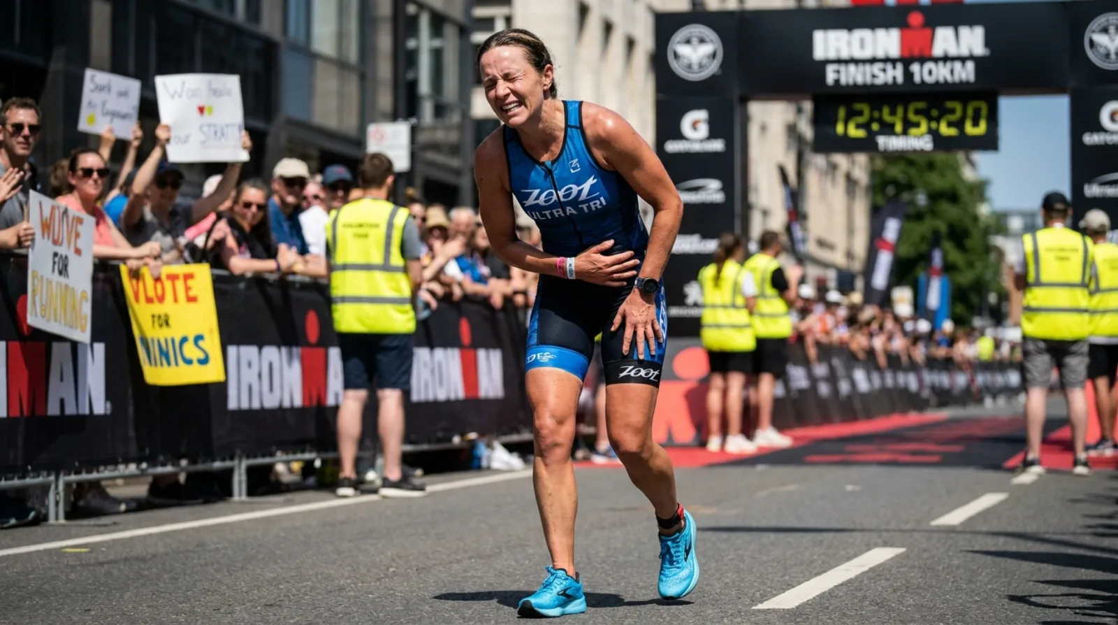 Female triathlete pushing through pain at an IRONMAN marathon run, clutching a side stitch but still moving forward