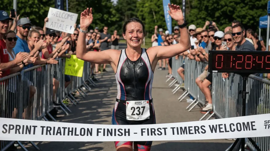 Beginner athlete crossing the finish line of their first sprint triathlon with tears and a huge smile, crowd cheering