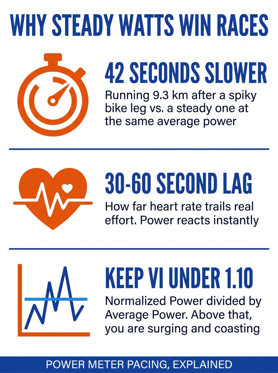 Infographic showing why consistent power pacing matters: a 42 second slower run after variable power cycling, heart rate lag of 30 to 60 seconds, and the 10 percent variability index target