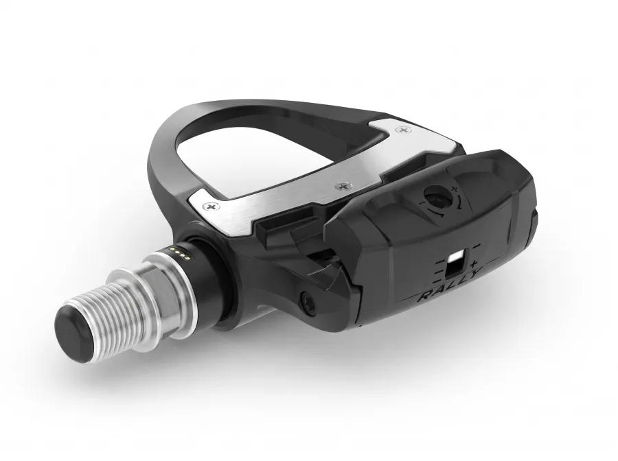 Garmin Rally RS210 power meter pedal shown in profile, with the Garmin logo and spindle visible on a white studio background