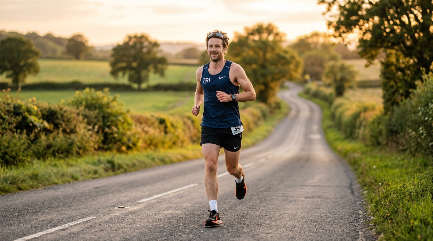 Triathlete running at easy conversational pace on a quiet road at golden hour