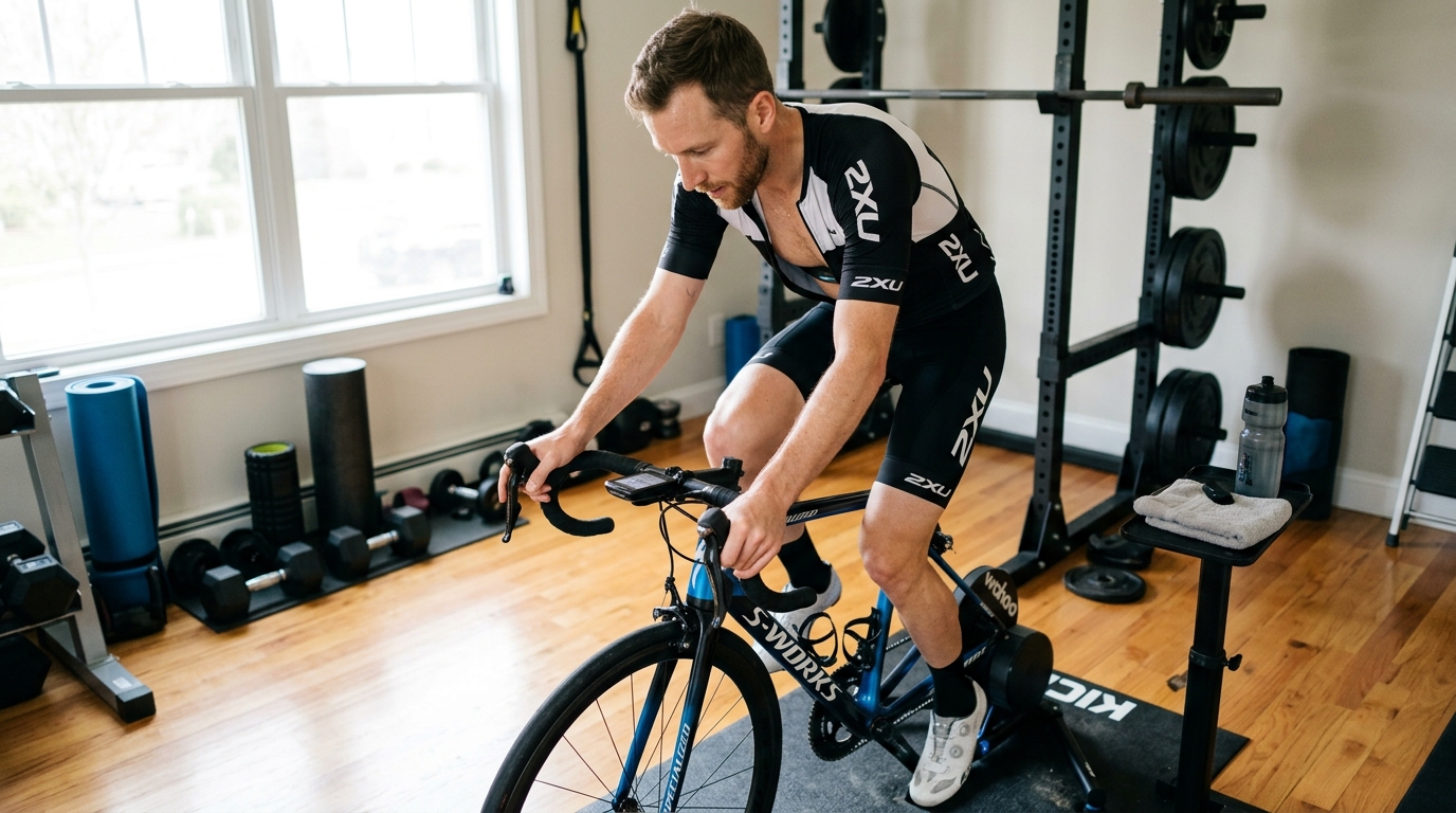 Athlete on stationary trainer monitoring heart rate data in Zone 2