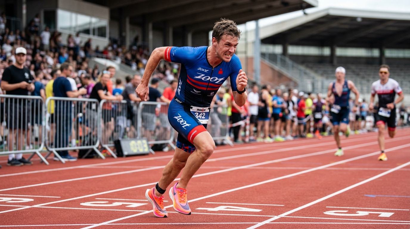 Triathlete sprinting at maximum effort during a track interval session