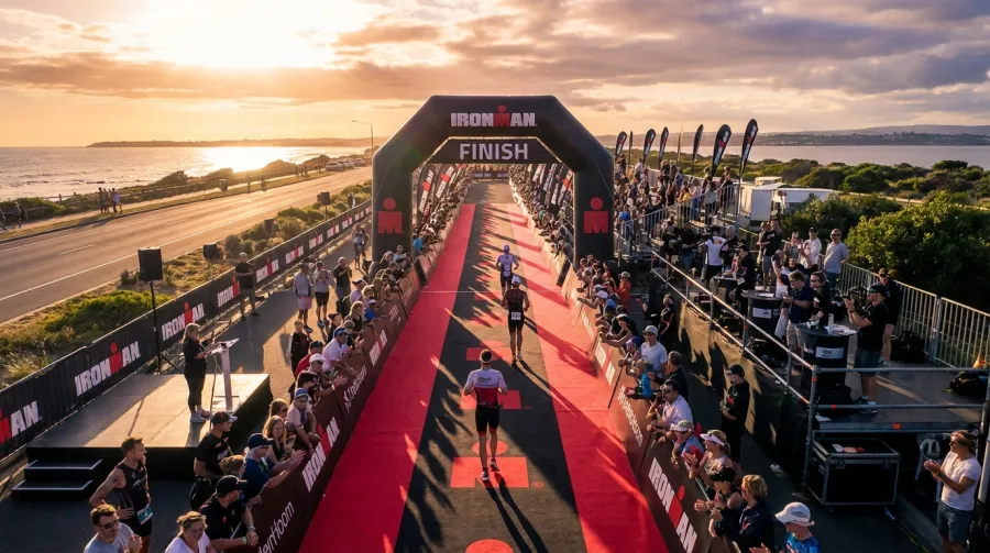 Aerial view of Ironman run course finish line with triathletes
