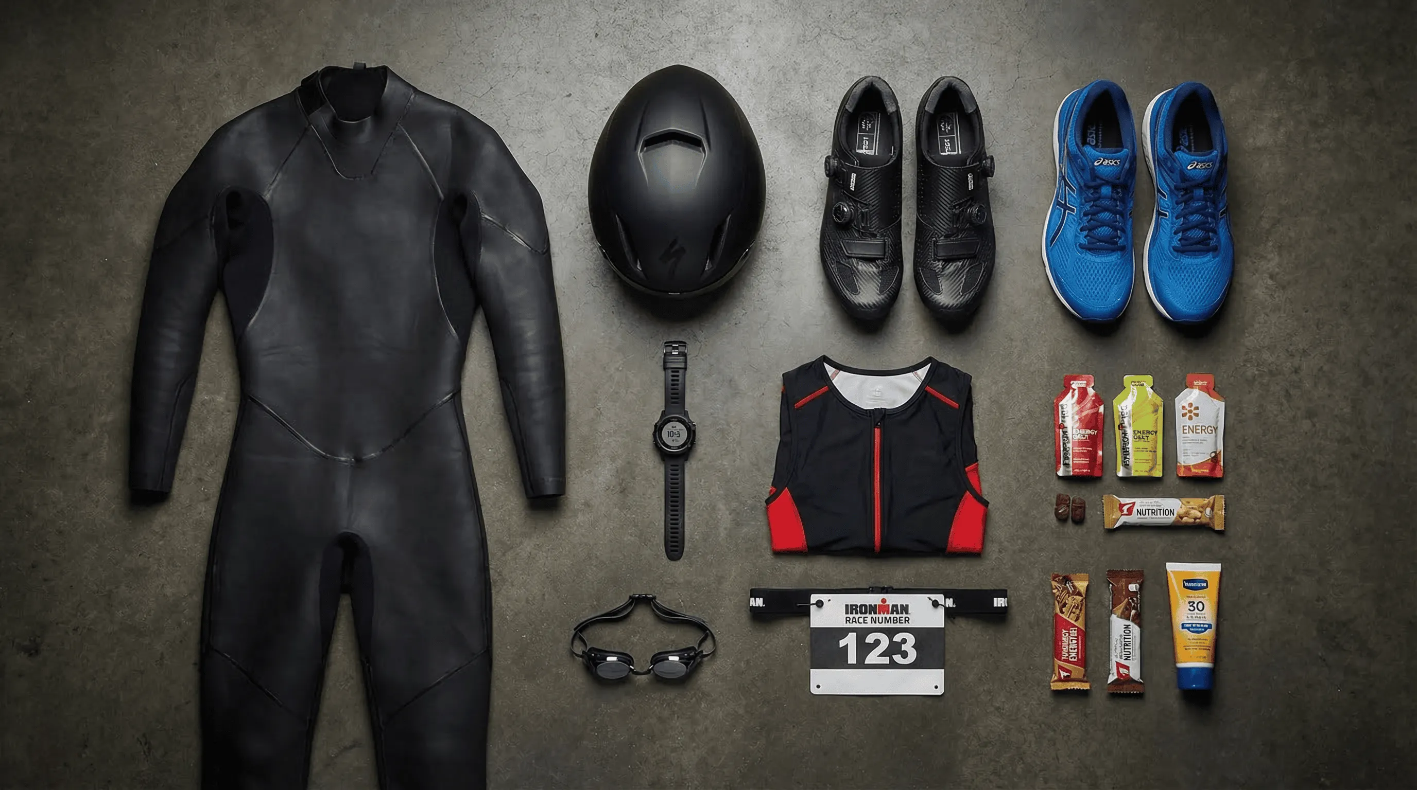 Overhead flat lay of complete triathlon race gear including wetsuit, aero helmet, carbon shoes, GPS watch, and nutrition