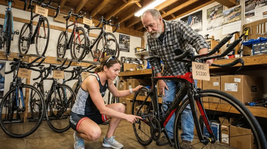 Triathlete examining a secondhand carbon fiber TT bike at a used bike shop with price tags visible