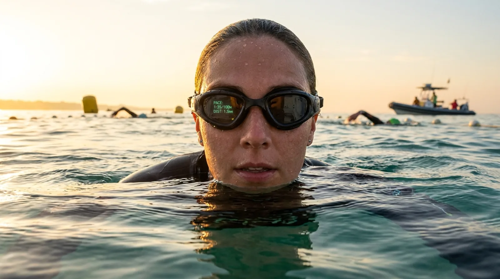 Triathlete wearing HUD smart swim goggles during open water triathlon swim