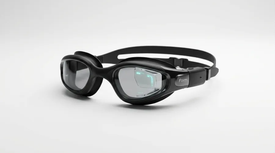 FORM Smart Swim 2 goggles product photo showing AR display lens and tech module
