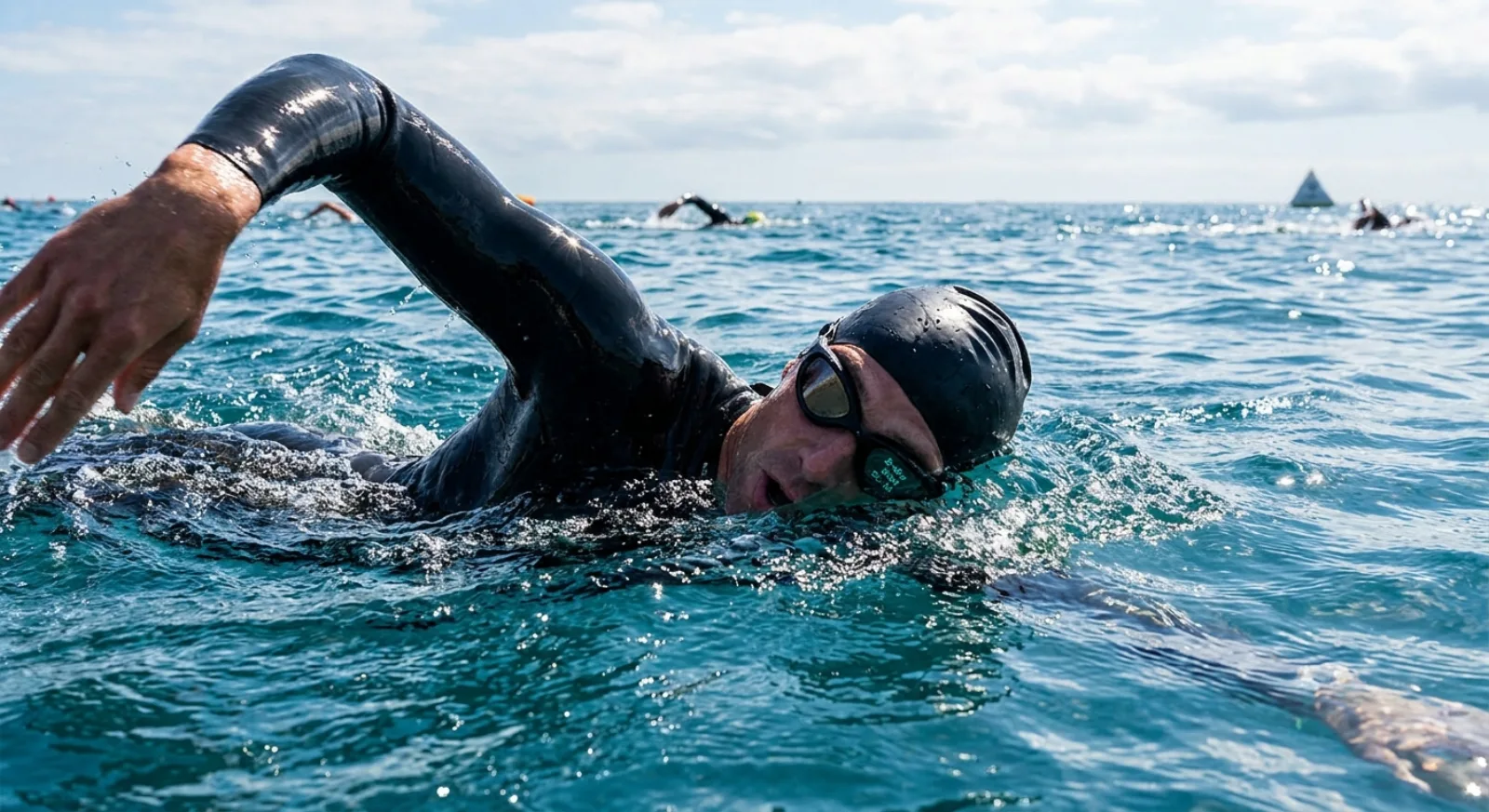 Triathlete swimming in open water wearing HUD swim goggles during a race