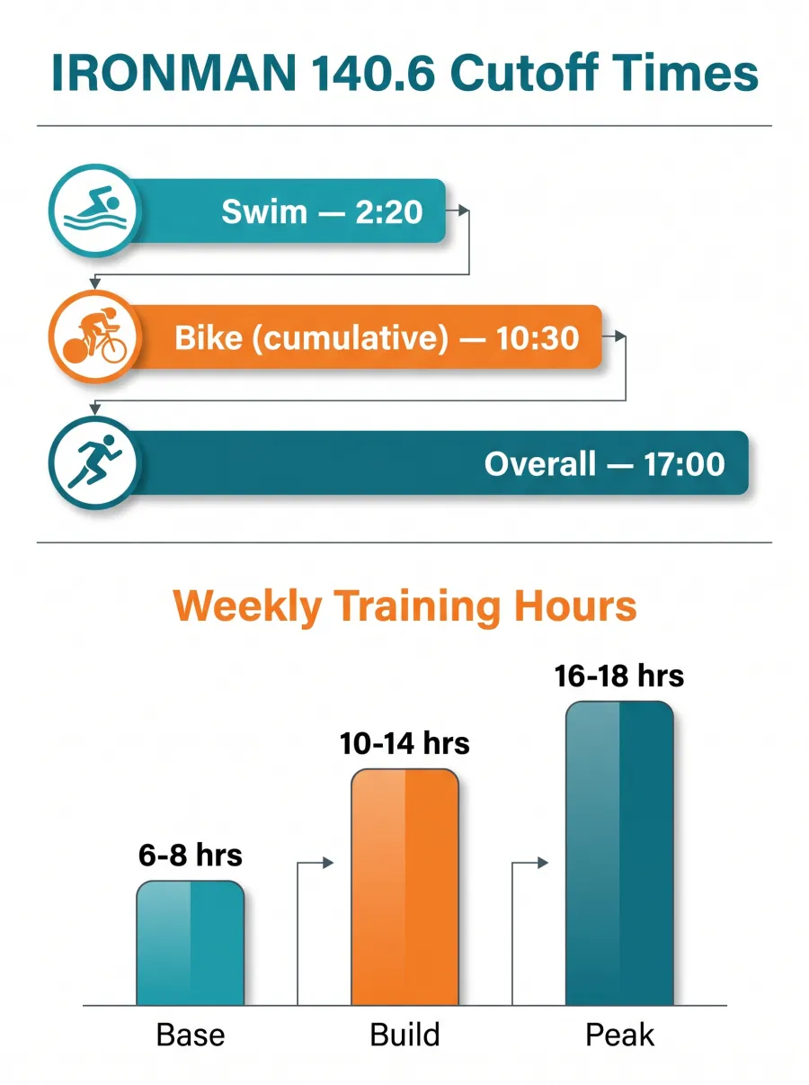 Infographic showing IRONMAN 140.6 cutoff times (2 hours 20 minutes swim, 10 hours 30 minutes combined swim plus bike, 17 hours overall) alongside a weekly training hours ramp from 8 to 18 hours across a 24-week build