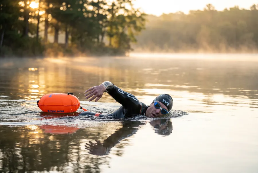 A beginner triathlete practicing swimming in open water at a calm lake during early-morning training, with a safety buoy attached to their waist