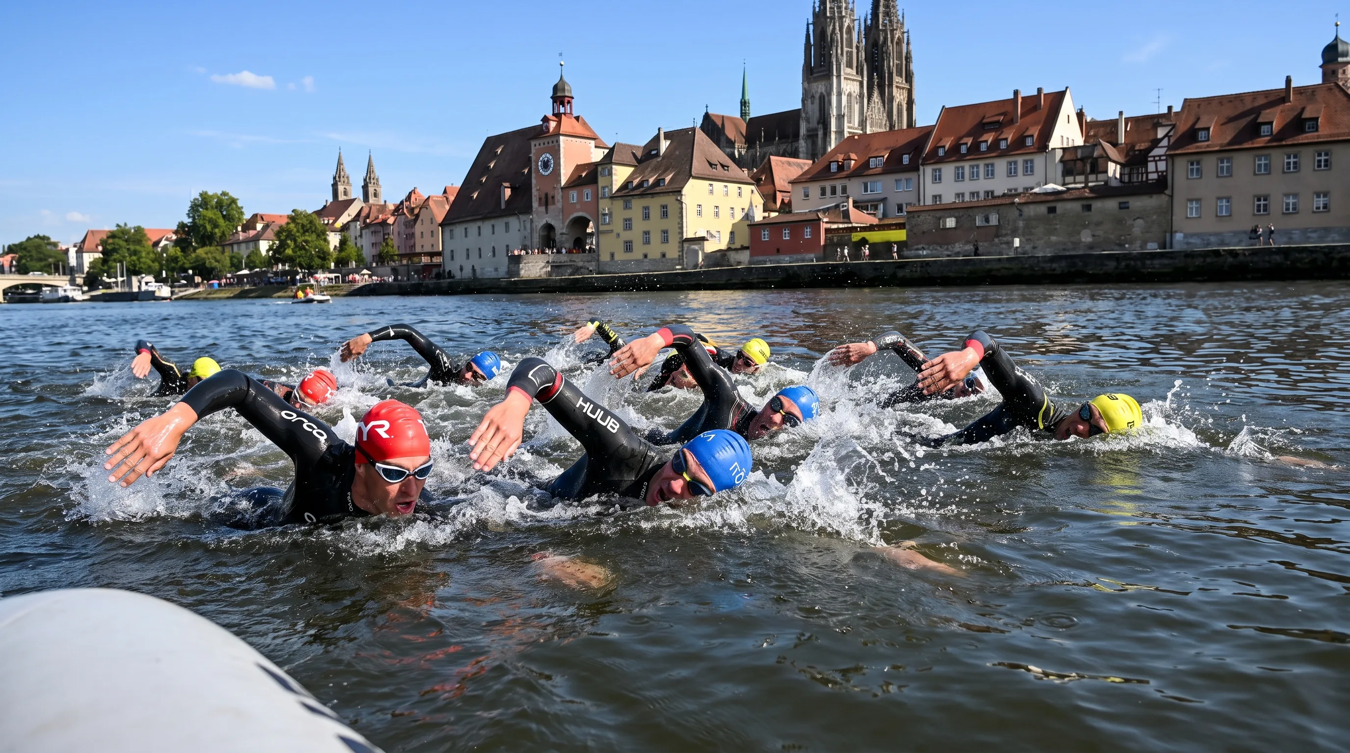 Triathletes swimming in open water on a calm river beneath a European old-town skyline at the IRONMAN 70.3 Kraków swim start