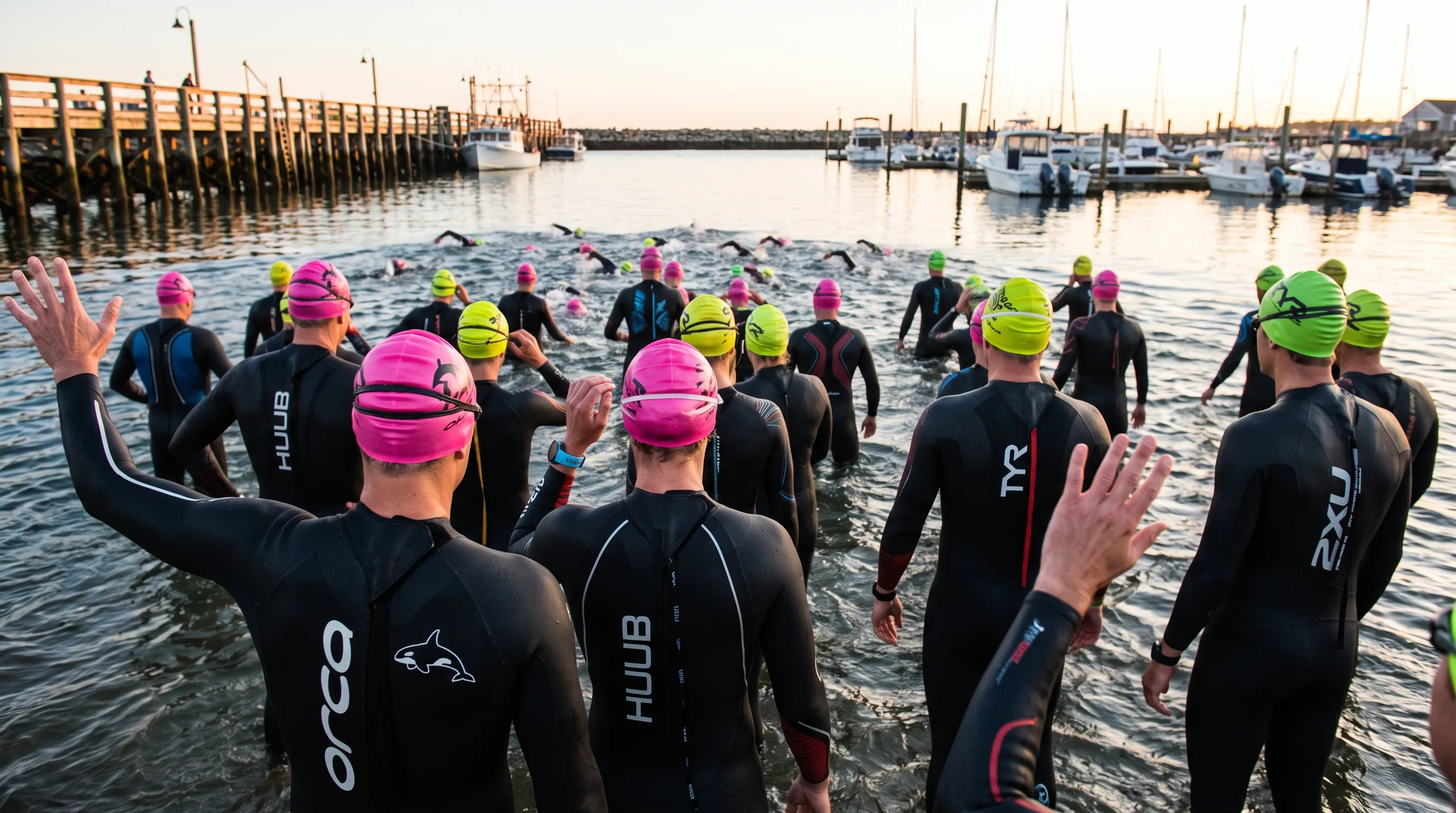 Triathletes in wetsuits starting the swim leg in Oceanside Harbor at sunrise with the fishing pier in the background