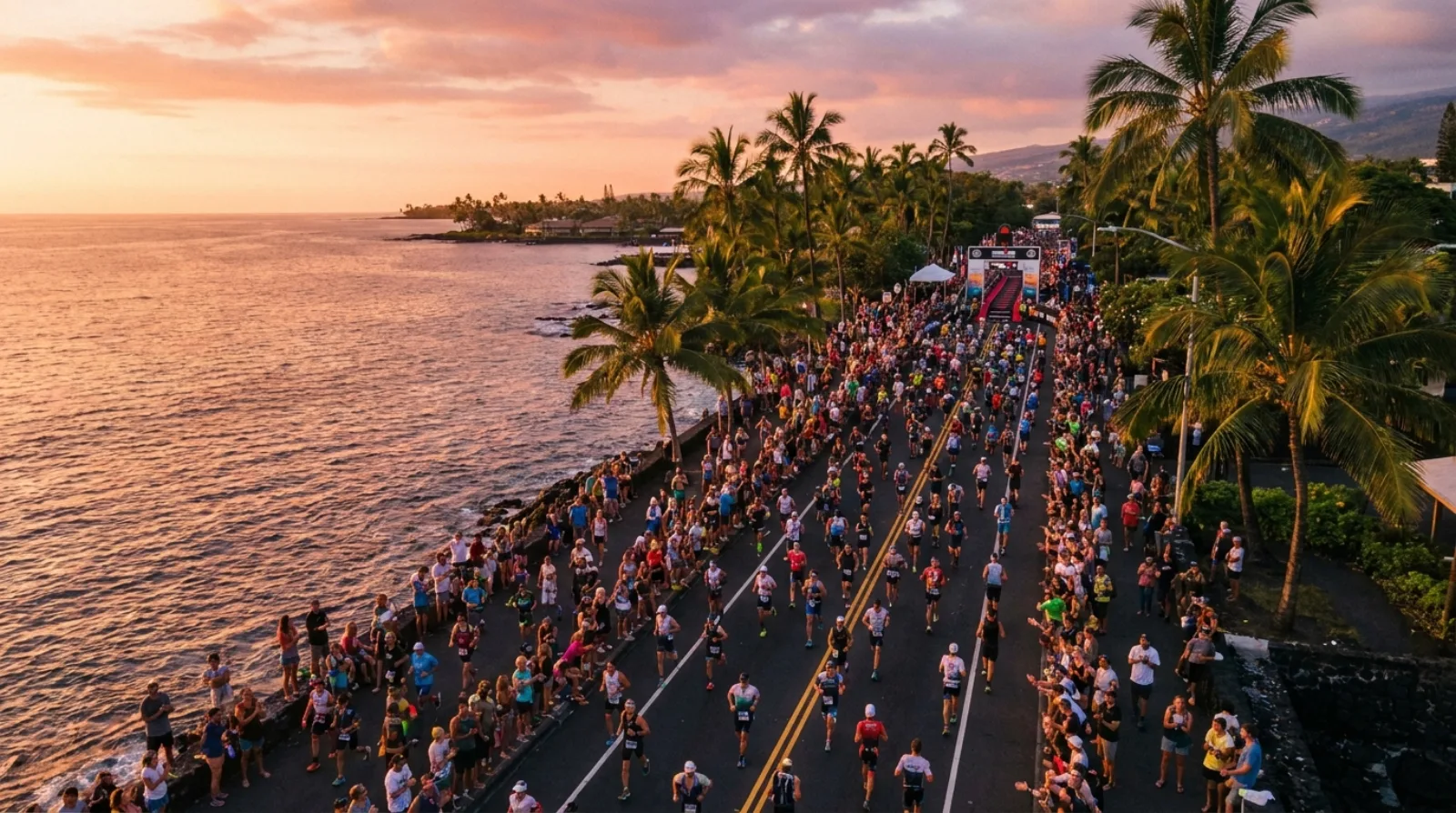 Aerial view of athletes racing along Ali'i Drive toward the IRONMAN World Championship finish in Kailua-Kona, Hawaii at sunset