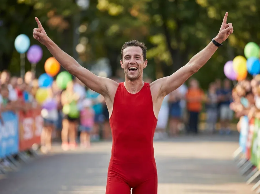 Triathlete celebrating with arms raised after finishing an IRONMAN event, crowd cheering in the background