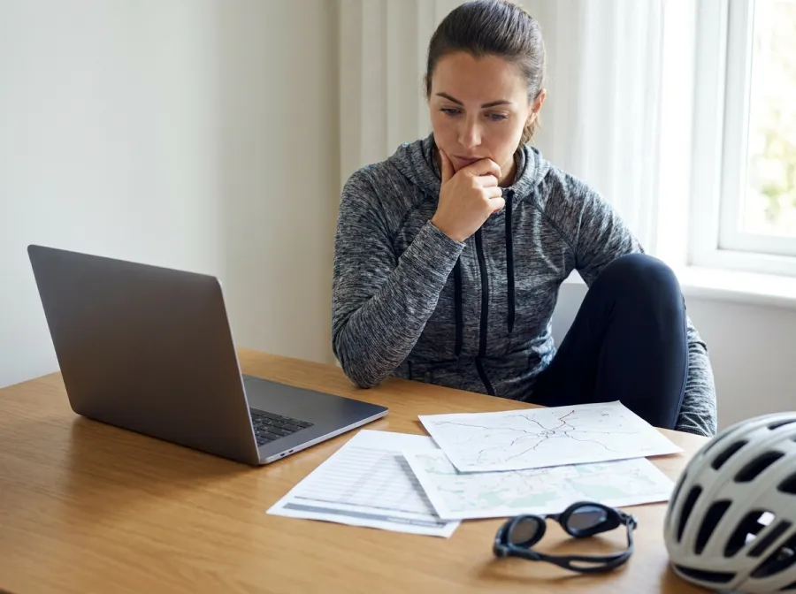 A triathlete reviewing race calendars and training plans at a desk, planning their qualification campaign