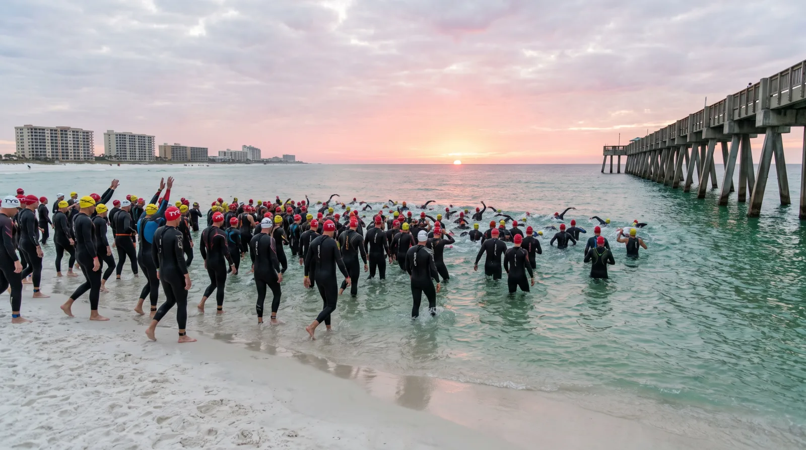 Triathletes swimming in the Gulf of Mexico near the Russell-Fields Pier at the IRONMAN Florida swim start in Panama City Beach