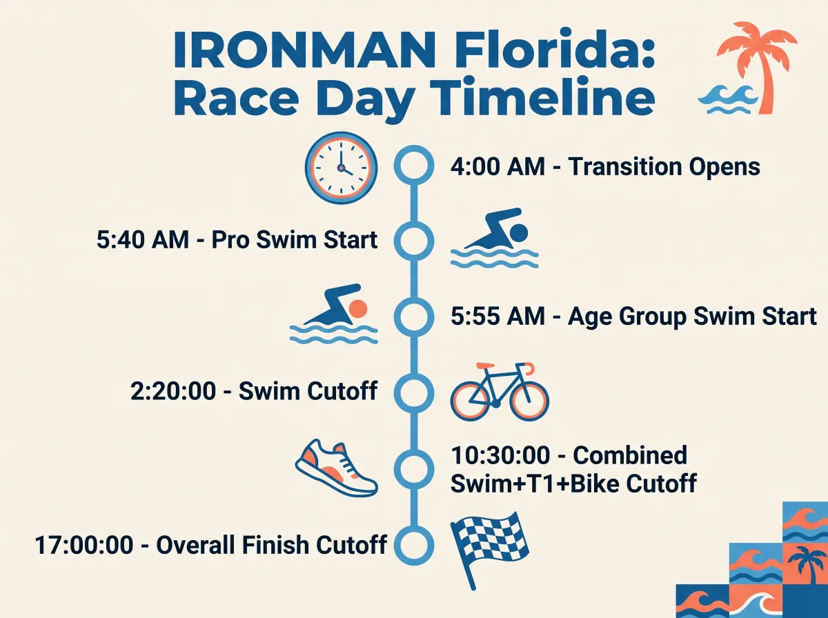 Infographic showing the IRONMAN Florida race-day schedule and cutoffs: 4 AM transition open, 5:40 AM pro swim start, 5:55 AM age group swim start, 2 hour 20 minute swim cutoff, 10 hour 30 minute combined swim-transition-bike cutoff, and 17 hour overall finish cutoff