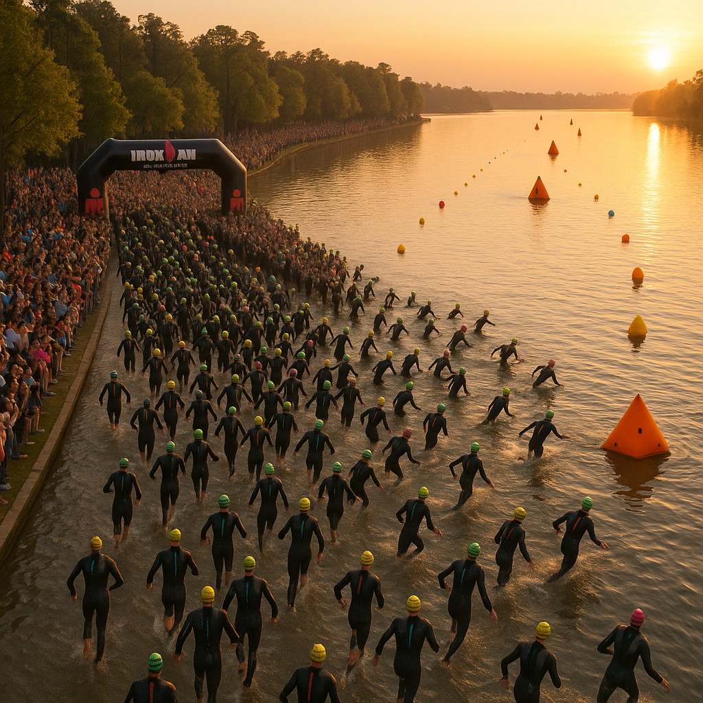 Swim start at IRONMAN Texas 2026, Lake Woodlands, hundreds of athletes at dawn