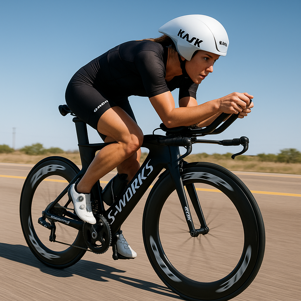 Elite female triathlete in aero position on a Specialized TT bike, Texas highway