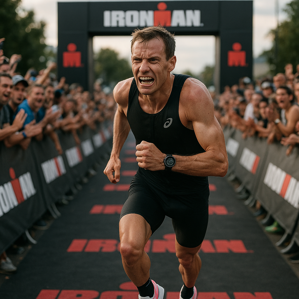 Pro male triathlete running through IRONMAN Texas marathon finish with spectators cheering