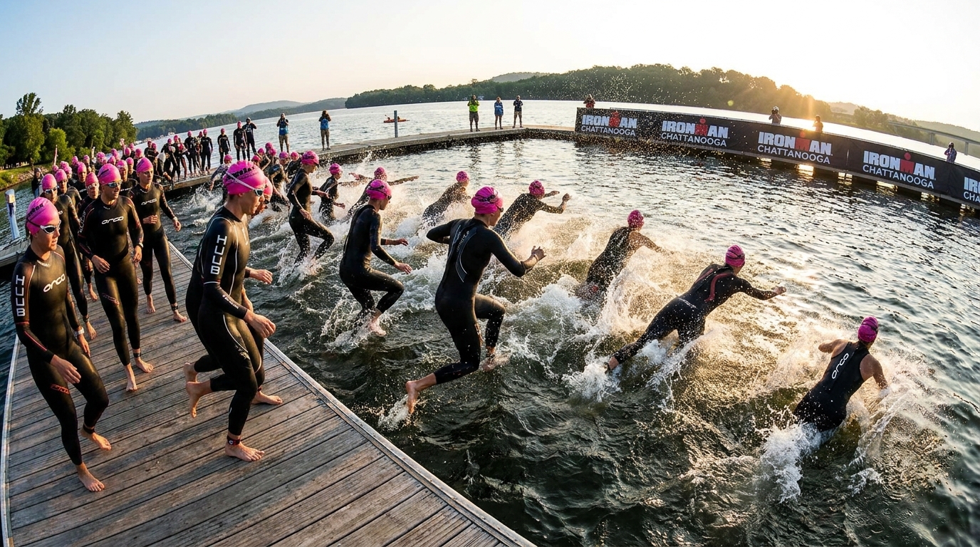 Pro women's mass swim start at IRONMAN Texas in Lake Woodlands
