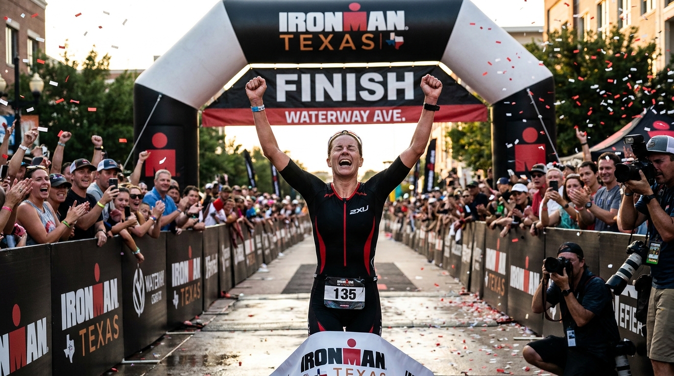 Athlete crossing the IRONMAN finish line on Waterway Avenue in celebration