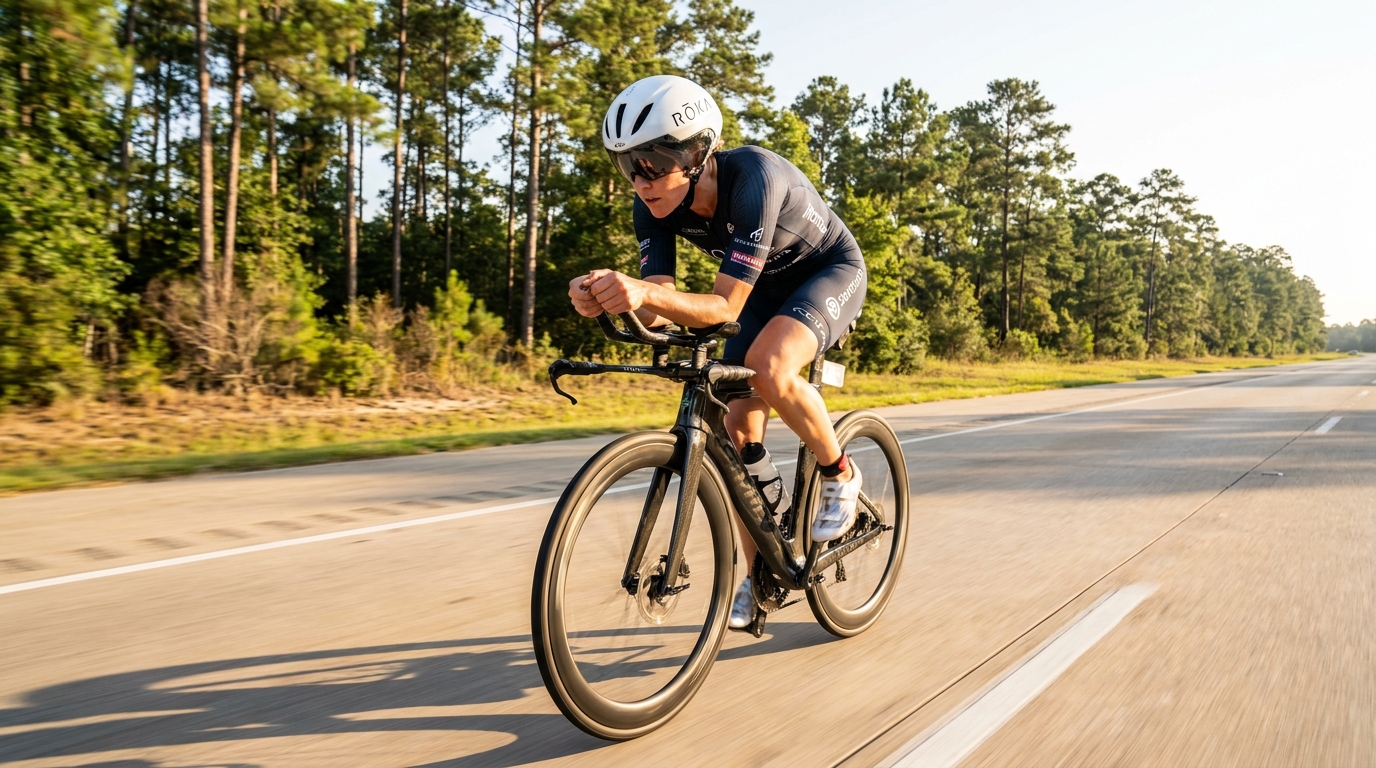 Elite female pro triathlete on TT bike in Texas landscape during IRONMAN Texas 2026