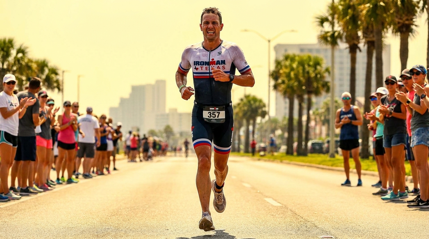 Elite triathlete running in Texas heat during IRONMAN race, race atmosphere and spectators