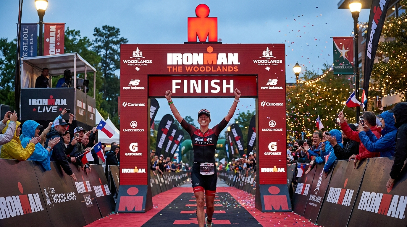 IRONMAN finish line celebration in The Woodlands Texas, crowded finish chute